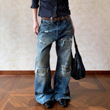 MQTIME  -   Unsiex Jeans New American Vintage Washed Denim Jeans Ripped Edge Patched Whiskering Straight Loose Fit For Men Women