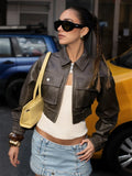  MQTIME  -  Trend Faux Leather Crop Jacket Woman Autumn Chic Zip Lapel Full Sleeve Pocket Decoration Daily High Street Style Coats
