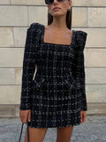MQTIME  -  Tweed Plaid Elegant Long Sleeve Mini Dress Women Square Collar High Waist 2025 Autumn Casual Dresses Party Evening Lady Robe