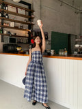 MQTIME  -  Vintage Plaid Dress Women Sexy A Line Midi Dresses Korean Split Slash Neck Slim Sundress Vestidos
