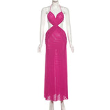 MQTIME  -  Ruched Cross See Through Mesh Maxi Dress Women Sexy Lace Up Halter Backless Bodycon Night Clubwear Holiday Party Long Robe