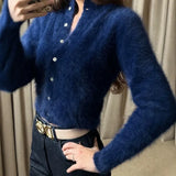 MQTIME  -  Women's Casual Fuzzy Knit Cardigan Sweater Crew Neck Long Sleeve Button Front Cropped Mohair Soft Warm Winter Outerwear