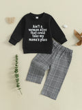 MQTIME  -  Infant Boy Girl Autumn Winter Clothes Set Letter Print Pullover Top Plaid Pants Elastic Waistband Outfit 2 Piece Kit