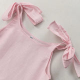 MQTIME  -  Girls Linen Adjustable Ribbon Dress Summer New Children's Casual Loose Cotton And Linen Lovely Pink Dresses With Pockets TZ273