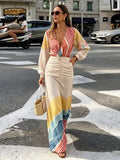  MQTIME  -  Holiday Women's Dress V-neck Full Sleeve Backless Print Long Female Dresses Summer Vacation Fashion Chic New Lady Outfit