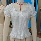 MQTIME  -  Women Vintage Babydoll Milkmaid Blouse Floral Embroidery Eyelet Top Button Down Frilly Trim T-shirt Y2k Cottage Puff Sleeve Tee