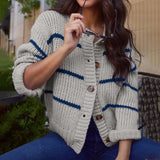  MQTIME  -  Long Sleeve Sweater Women's Fall-Winter New Fashion Striped Loose Knit Cardigan Jacket Top