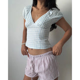 MQTIME  -  Womens Summer Y2k Harajuku Gingham Shirt Puff Short Cap Sleeve Deep V Neck Plaid Print Fashion Slim Fit Crop Tee Tops