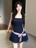 MQTIME  -  Woman Dress Bow Sexy Sweet Sleeveless Slash Neck Slim Backless Bow Bandage Elegant Mini Dresses Party Female Casual