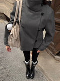 MQTIME  -  Women Stand Collar Short Coat Solid Asymmetrical Button Long Sleeve Cropped Jacket Minimalist Autumn Winter Chic Streetwear