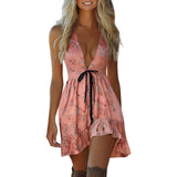 MQTIME  -  Floral Print Women's Sexy Deep V Dresses Spaghetti Straps Mini Dress Summer Boho Beachwear Dress Evening Party Sexy Dress Robe