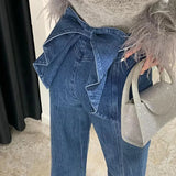 MQTIME  -  Ladies Fashion Stitching Edge Ruffles Office Pants 2025 Elegant High Waist Straight Denim Trousers Women Chic Jeans Long Pants