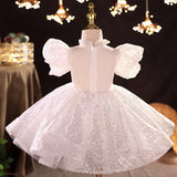 MQTIME  -  White Glitter Flower Girl Dress Sequins Tulle Lace Knee Length For Wedding  Birthday Party Pageant First Communion Ball Gowns