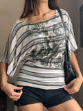 MQTIME  -  American Streetwear Y2k Contrast Color Striped Print Loose Casual Top Female