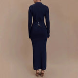  MQTIME  -  French Autumn and Winter Knitted Dress Women's Slim Fit Button Comfortable Temperament Elegant Long Sleeved Versatile Long Skirt
