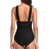 MQTIME  -  Women Bandage Swimwears Pleated Wide Shoulder Strap Cross Bikinis Solid Color High Waist One-piece Swimsuit