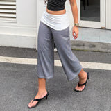  MQTIME  -  Women Striped Wide Leg Calf-Length Pants High Waist Casual Cropped Culottes Loose Fit Overlay Waistband Summer Streetwear