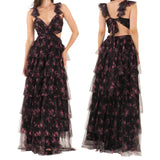 MQTIME  -  Women Summer Floral Print Ruched Bust Sleeveless V-Neck Ruffle Layered Lace-up Backless Flowy A-Line Long Cake Dress