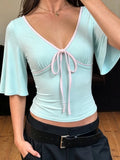 MQTIME  -  Sweet Contrast Color V Neck Half Sleeve Temperament Slim All Match Y2k Knitted T-Shirts