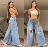 MQTIME  -  Summer New High Waist Retro Loose Hole Wide Leg Pants Light Color Washed New Jeans Women's Pants jeans