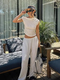 MQTIME  -  Off Shoulder Pant Suit Women Fold Sleeveless Top Wide Leg Pants Female Set 2024 Summer Fashion Solid Street 2 Pieces Sets