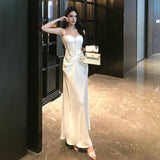 MQTIME  -  Lace Strapless Long Dress Women Sleeveless Camisole French Elegant Dress Solid A Line Dinner Night Fashion Simple Vestidos New