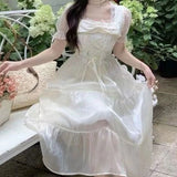 MQTIME  -  Women Dresses Square Collar Bow Bandage Ribbon Puff Short Sleeve Bow Princess Sweet Elegant Female Dress Casual