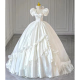 MQTIME  -  White Ball Gown Women Satin Wedding Dresses V Neck Bridal Gowns Formal  Wedding Dress