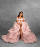 MQTIME  -  Light Pink Ruffled Tulle Maternity Dress vestidos de fotografía Ball Gown Puffy Robes Maternity Photography Dresses Custom Made