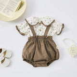 MQTIME  -  Summer baby girls short-sleeved suspenders suit lapel full print floral short-sleeved top + suspenders shorts 2-piece set