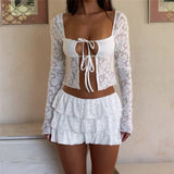 MQTIME  -  Women's Skirts Outfits Lace Low-Cut Tie-Up Front Long Sleeve Ruffles Crop Tops Mini Skirt 2 Pieces Clothes Dress Set Summer