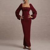 MQTIME  -  Sexy Stylish Lantern Sleeve Wrap Hips Dress Elegant Solid Color High Waist Party Dress Lady Commute Simple Lace Up Maxi Dresses