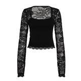  MQTIME  -  Y2k Autumn Square Collar Long Sleeve Solid Slim Sexy Patchwork Basic Women's T-shirts