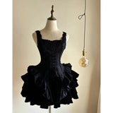 MQTIME  -  Retro Hepburn Wind Black Sling Fishbone Waist Trimming Ruffles Dress