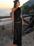  MQTIME  -  Sequin Patchwork Women Maxi Dress One Shoulder Sleeveless Cut Out Backless Dresses Party Elegant Wedding Club Summer Dress Lady
