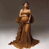 MQTIME  -  New Arrival Pleated Mesh Pregnancy Dresses For Photo Shoot Puffy Ruffles Tulle Maternity Dress Strapless Mesh Long Prom Gowns