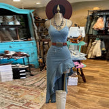 MQTIME  -  Ruffle Denim Women's Dress Vintage Laple V-neck Waist Cinching irregular Dressess Female 2025 Summer Lady High Street Outwears