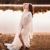  MQTIME  -  Long Train Boho Maternity Photo Shoot Long Dress Beige Lace Pregnant Woman Photography Props