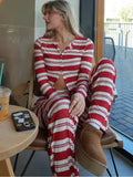  MQTIME  -  Fashion Striped Knitted Two-Piece Set For Women Round Neck Cardigan Top High Waist Straight-Leg Pants Casual Set 2026
