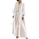 MQTIME  -  Off White Boho Dress Flare Sleeve A-line Embroidery Floral Midi Length Vestidos Holiday Style Oversized Long Dress