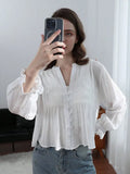  MQTIME  -  Women Elegant Chic Blouse Floral Embroidery Hollow Out Long Sleeve Buttons Shirts Spring Summer Casual Office Lady Tops