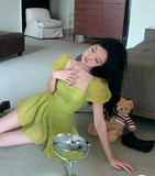 MQTIME  -  Slimming Bubble Hem Square Ne Chiffon ort Dr Women's Sexy Summer Sle Princ Waist Cinched Skirt