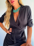 MQTIME  -  Summer Women Cotton Linen Short Dress Short Sleeve Lapel Solid Casual Dress Temperament Lacing Waist Slim Office Dress 2025