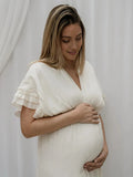  MQTIME  -  Maternity Dress Photoshoot White Ruffle Ruched Boho V-neck Maxi Big Swing Pregnancy Gown for Baby Shower Photoshoot