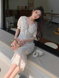 MQTIME  -  White Lace Dress for Women, V-Neck, Hollowed Out Rhinestone Bubble Sleeves, Slim Fit and Unique Dress, Design Sense