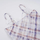 MQTIME  -  Y2k Plaid Gauze V Neck Spaghetti Strap Sexy Backless Patchwork Short Women's Dress