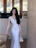 MQTIME  -  2024 Summer Elegant High Waist Mermaid Dress for Women Vintage Empire Evening Party Solid Dress Sleeveless V Neck Lady Clothing