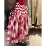 MQTIME  -  Red Plaid A- Line Mini Skirt with Lining Spring Summer Asymmetrical Splicing Big Swing Japanese Style Polyester Fiber Skirt