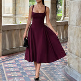 MQTIME  -  Summer New French Square Neck Women Elegant Strap Dress Simple Solid Color Female Banquet Grand Display Long Dresses