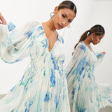 Mqtime Elegant Floral Print Chiffon No Lining Auturn Long Dresses For Women  New Sexy Deep V Drawstring Boho Midi Dress Beach Dress